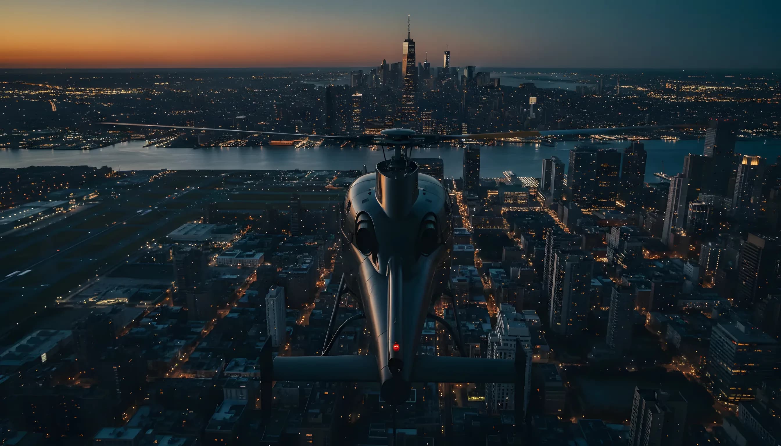A helicopter flies toward the Manhattan skyline at dusk.