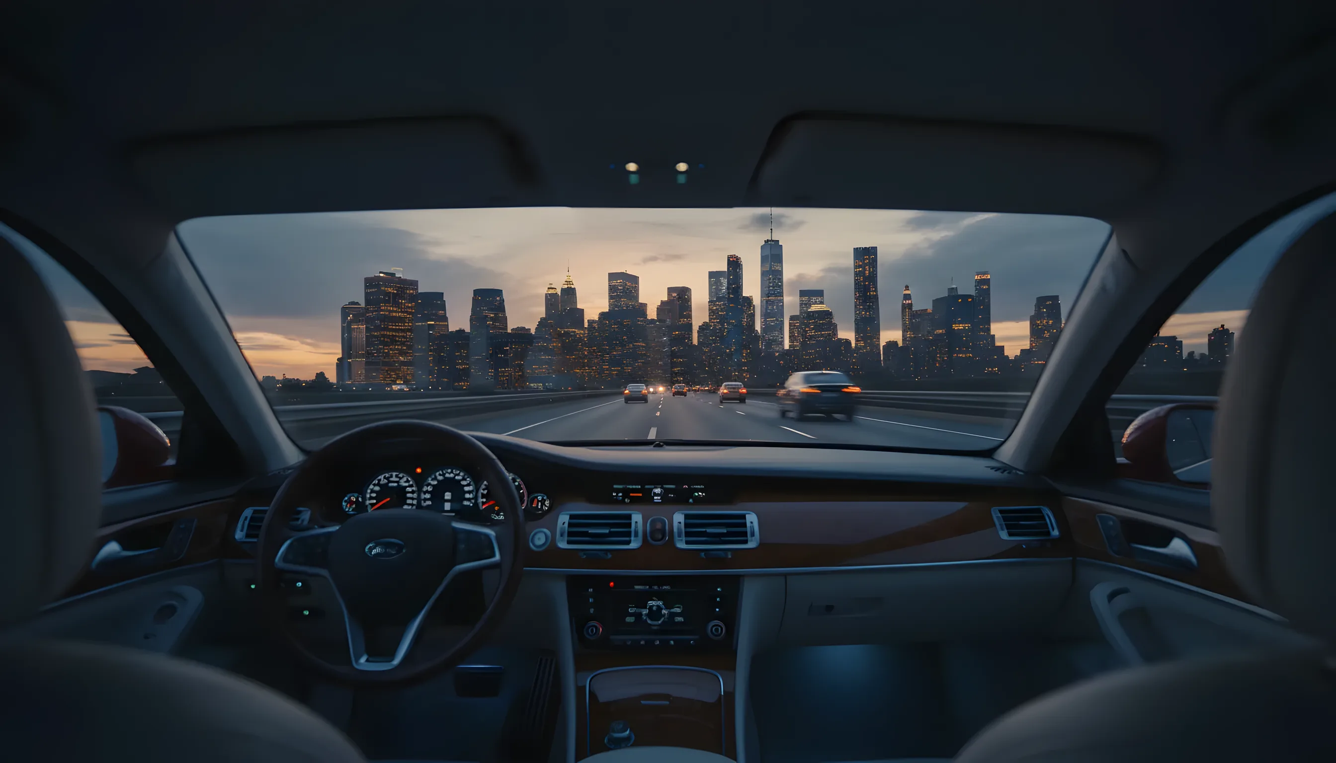 A car travels on a highway towards the Manhattan skyline at dusk.