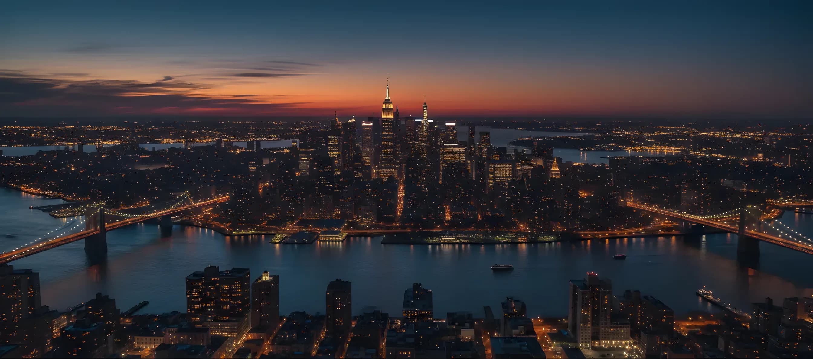 Aerial view of the New York City skyline at dusk, connecting New Jersey and Queens.
