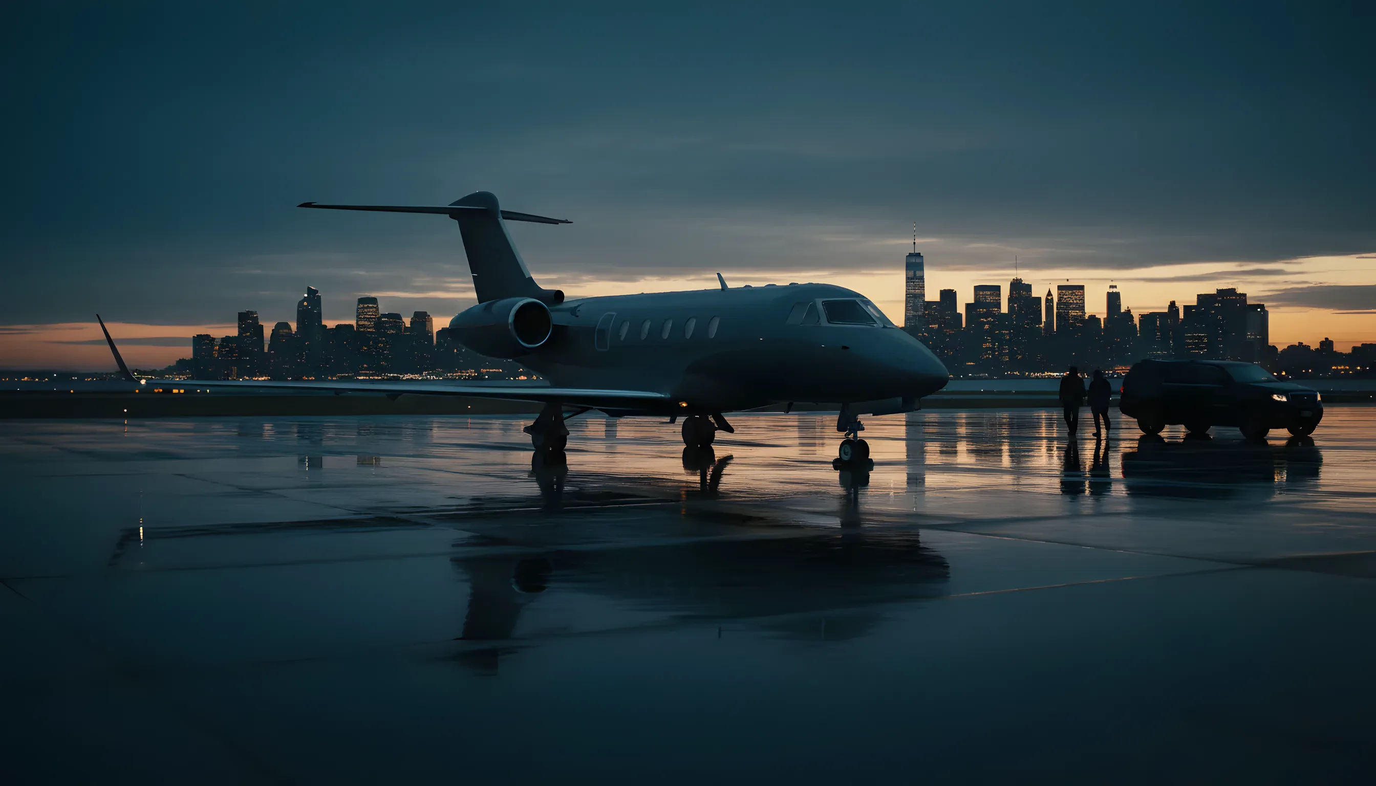 A private jet on an airfield tarmac at dusk with a glowing city skyline in the distance.