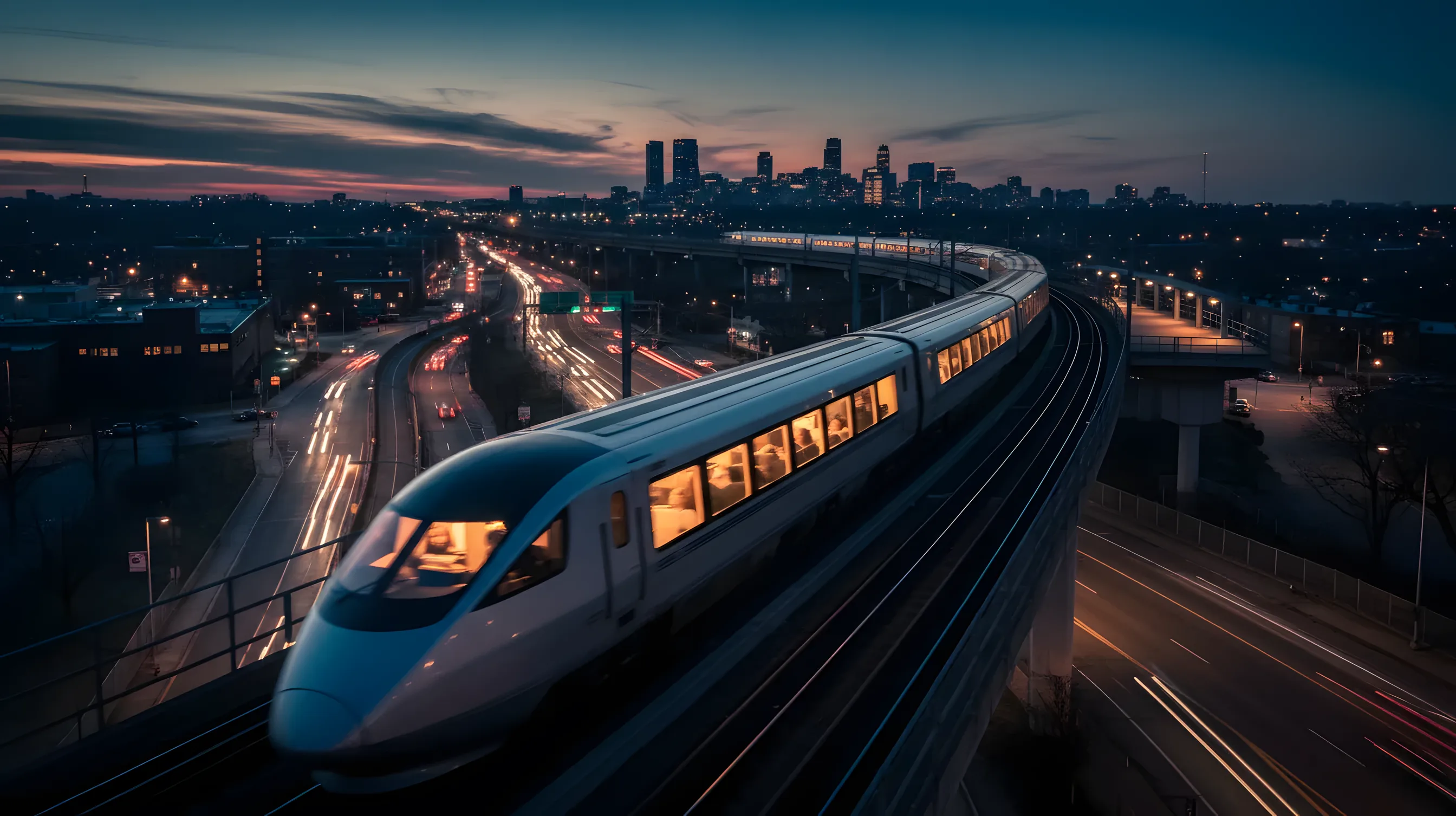 A modern train travels through a city at dusk, with lights from the train and city glowing against the dark sky.