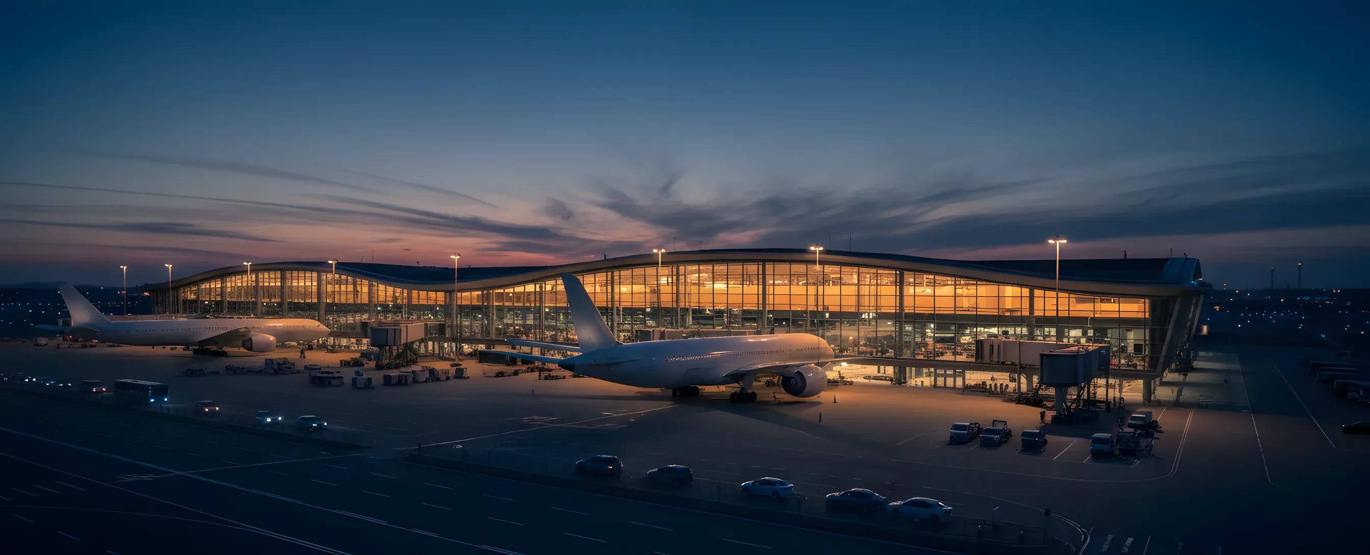 A modern airport terminal at dusk, its glass walls glowing warmly, with a large passenger jet parked at the gate.