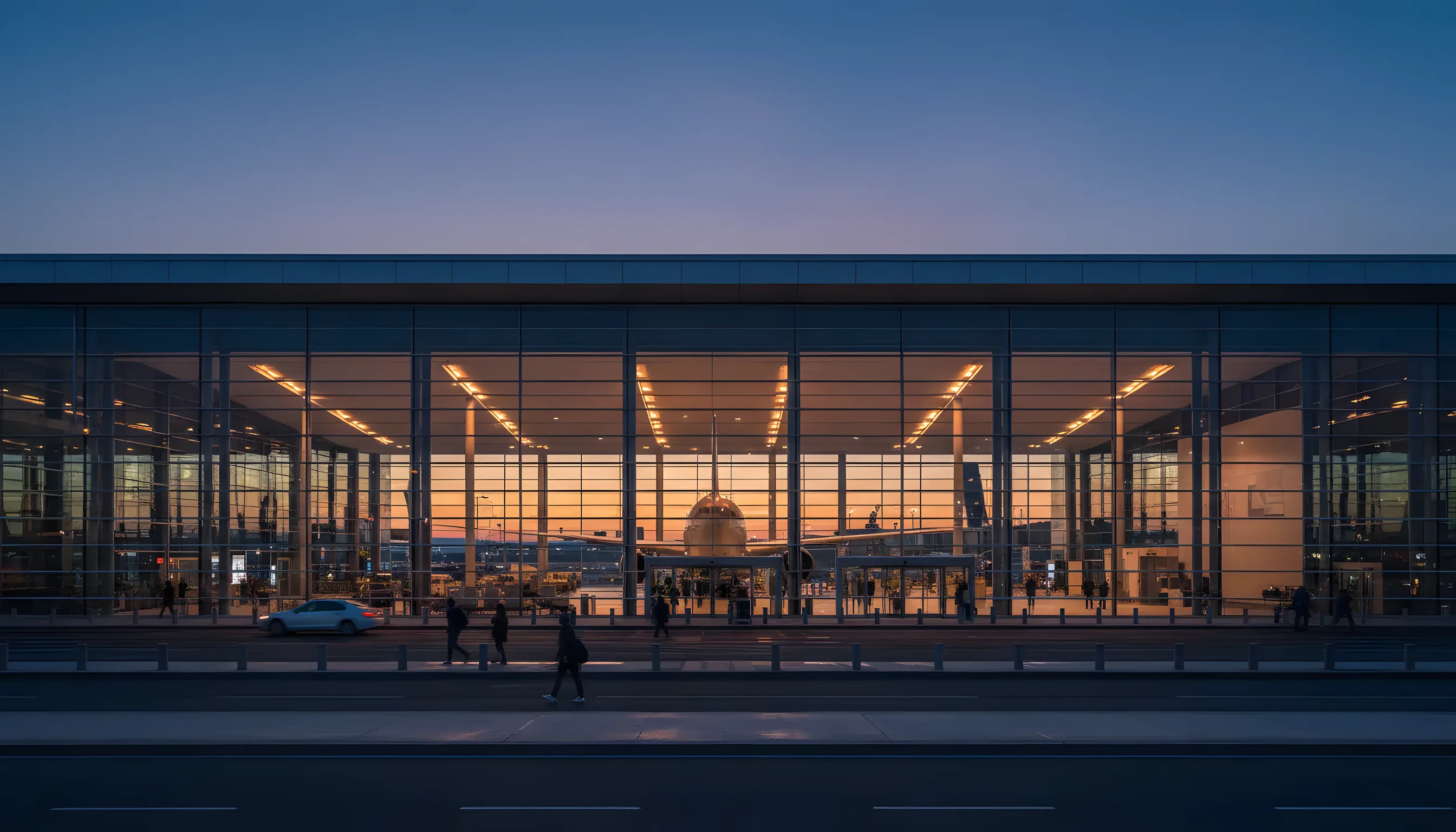 A modern airport terminal at dusk with a passenger jet visible at the gate through large glass windows.