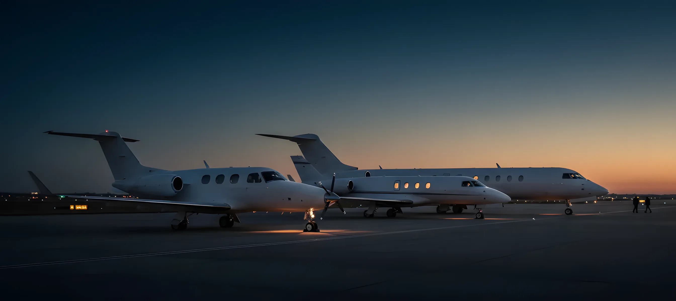 A turboprop, a light jet and a large long-range business jet parked in a row at dusk.