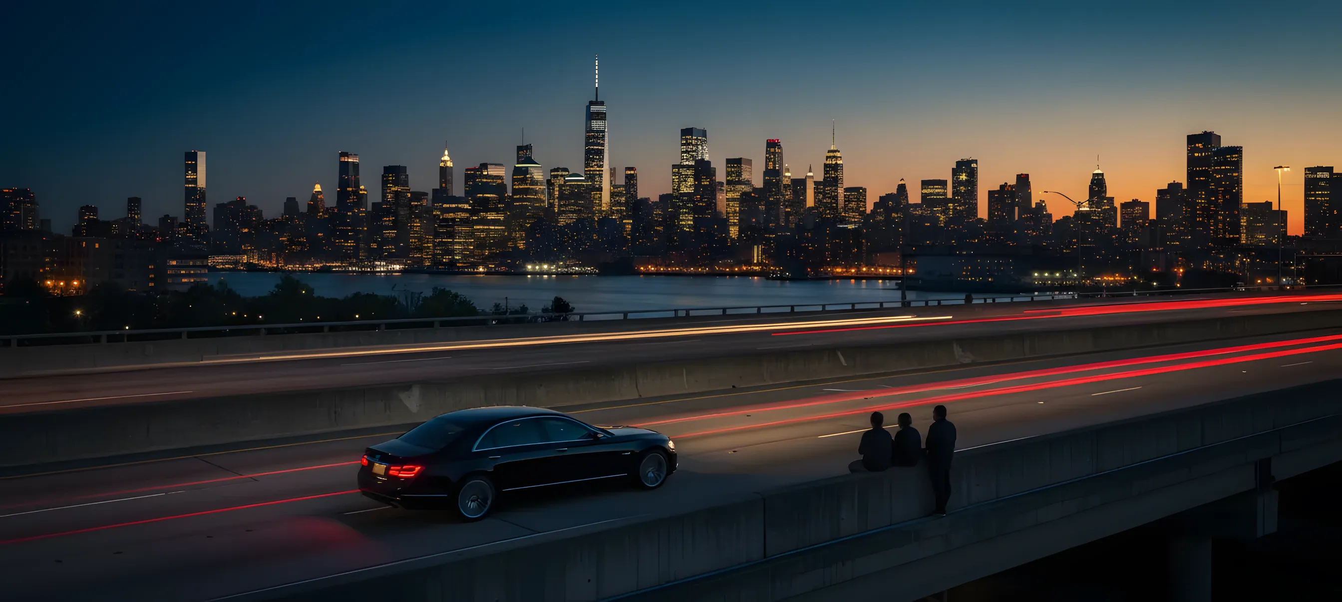A car's red taillight streaks on a highway at dusk, with the illuminated Manhattan skyline visible in the distance.
