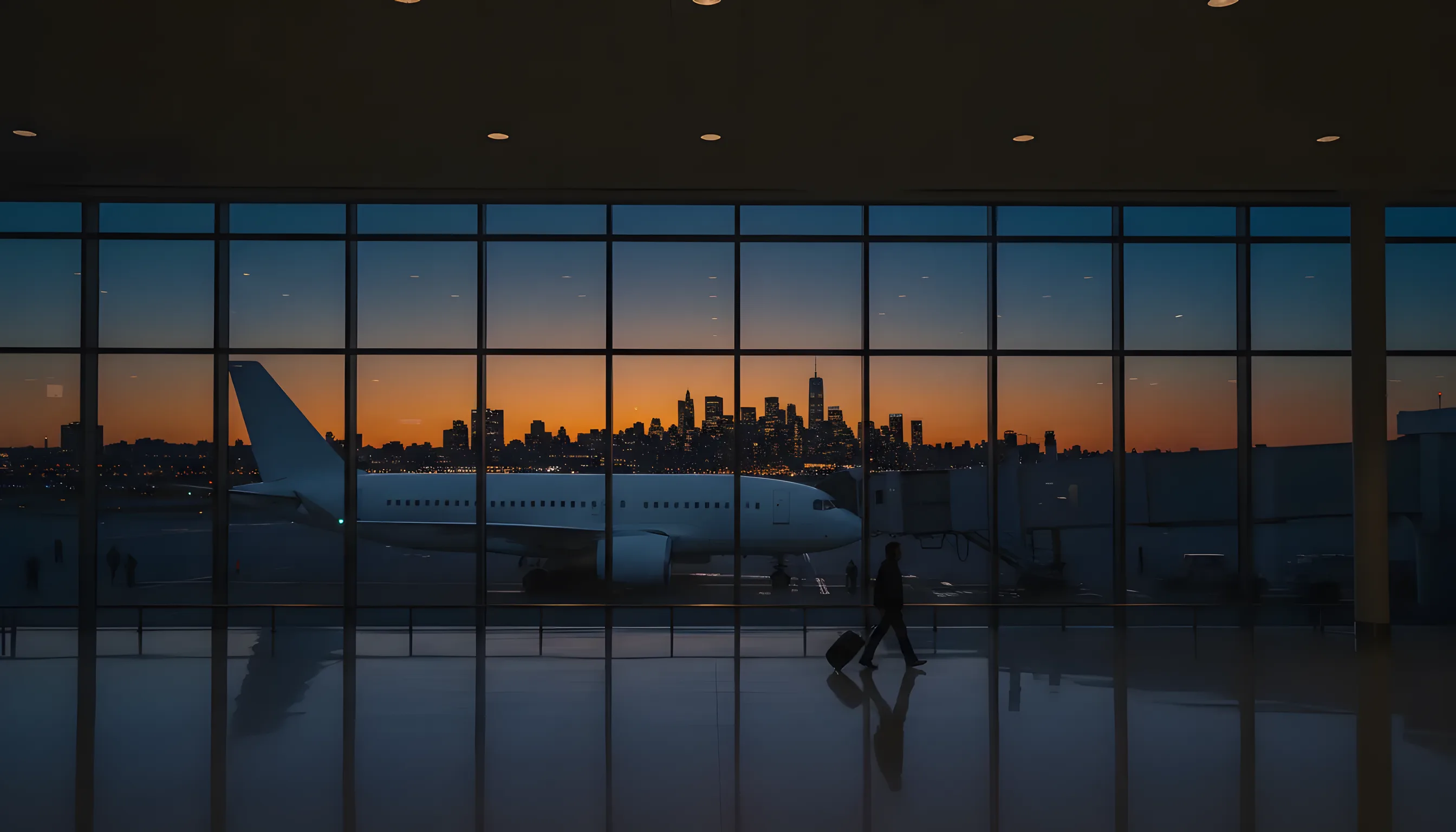 A passenger jet at an airport terminal gate at dusk, with the New York City skyline visible in the distance.