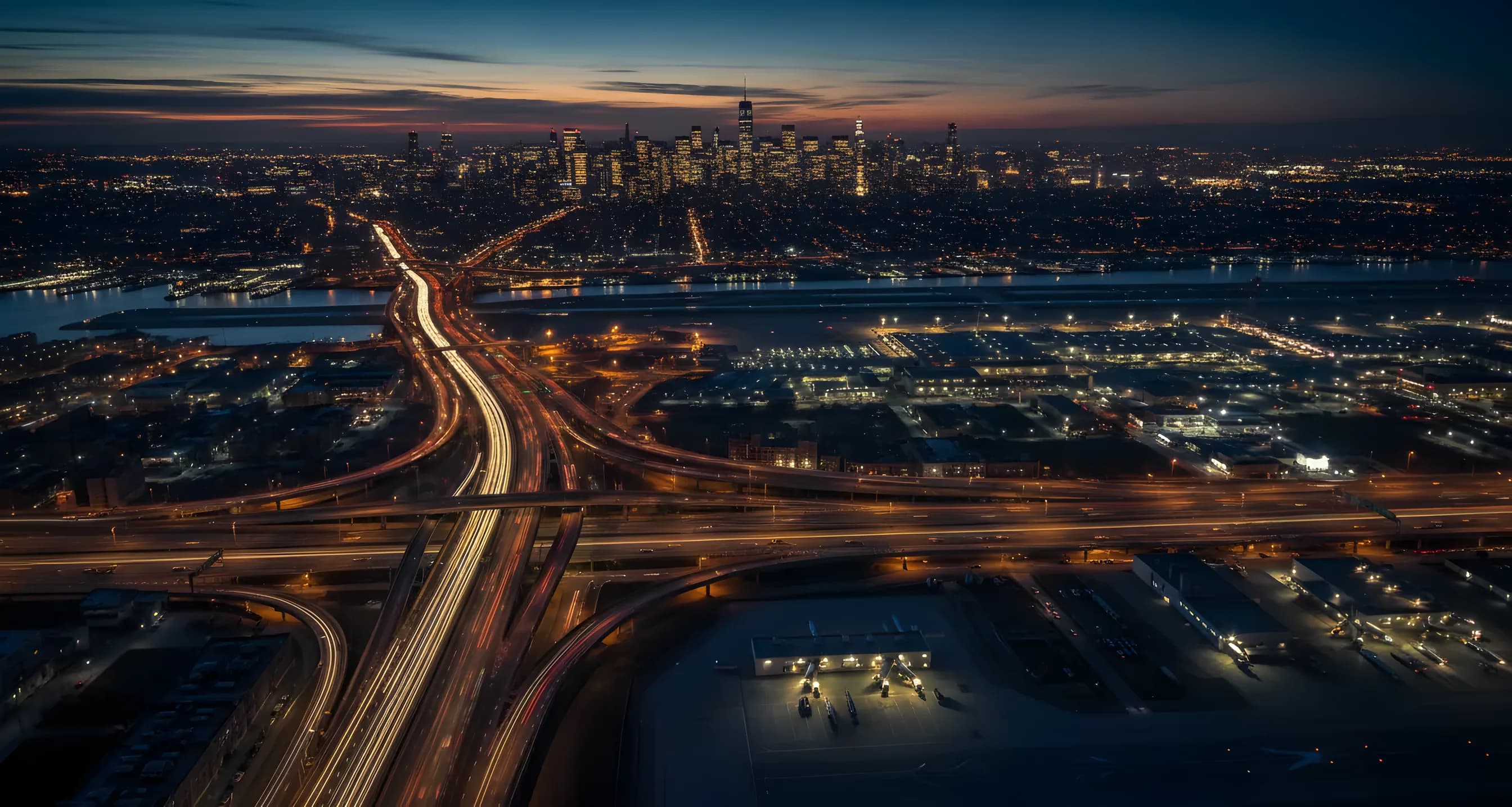 Aerial view of the Manhattan skyline at dusk from Queens, with illuminated highways and airport runways in the foreground.
