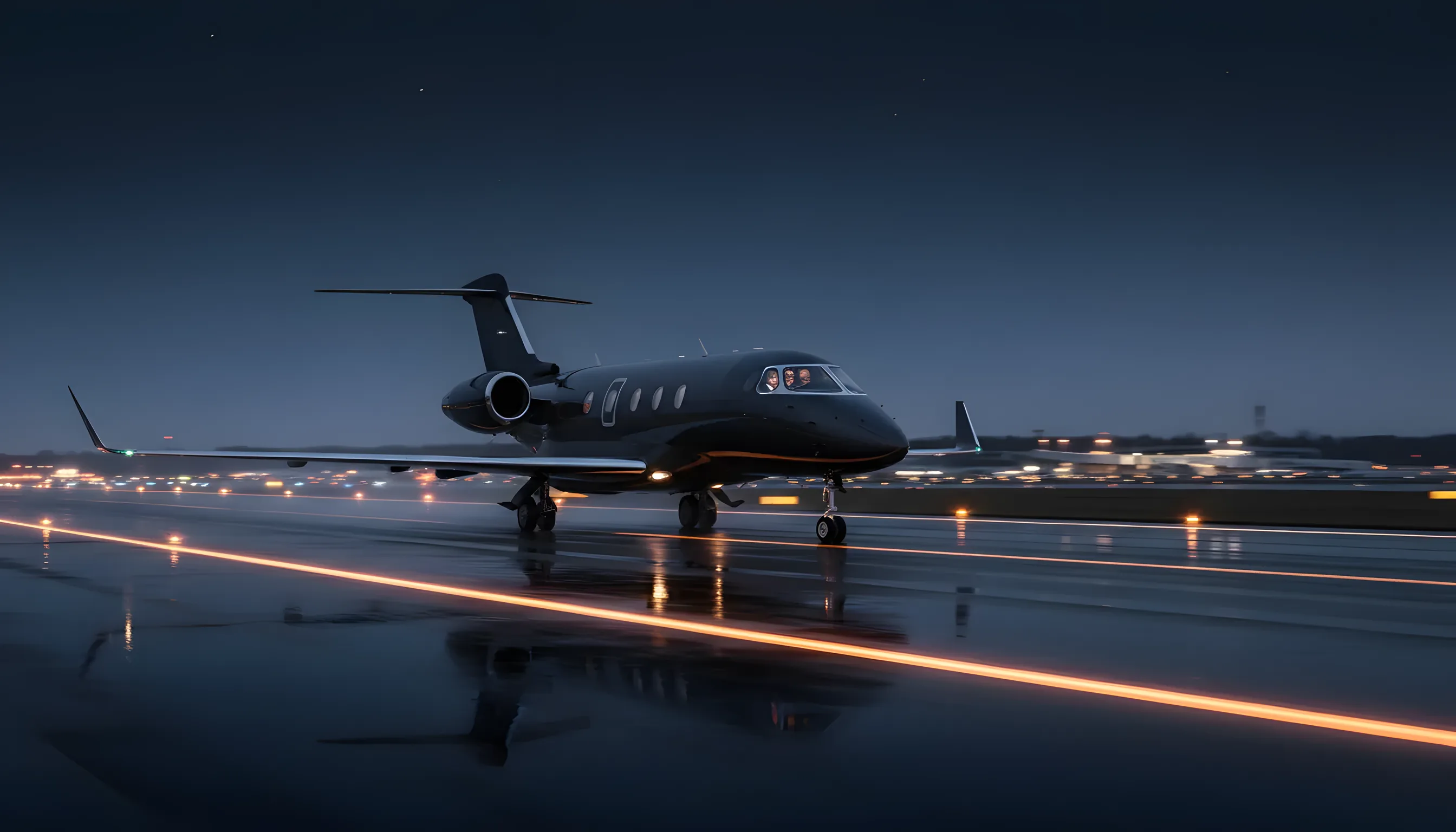 A private jet takes off from a runway at dusk, its lights glowing against the dark sky.
