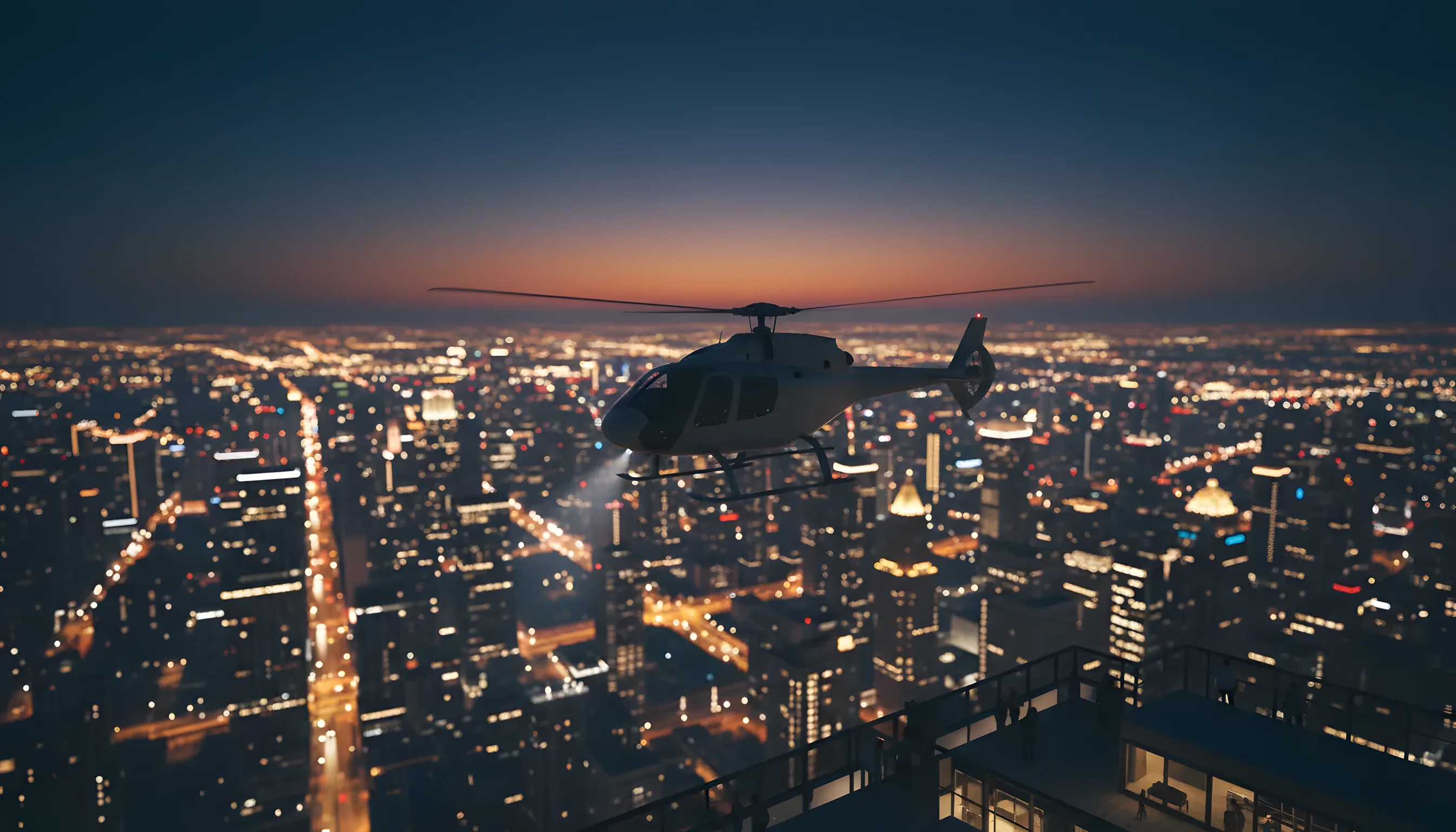 A helicopter flies over a sprawling city with glowing lights at dusk.