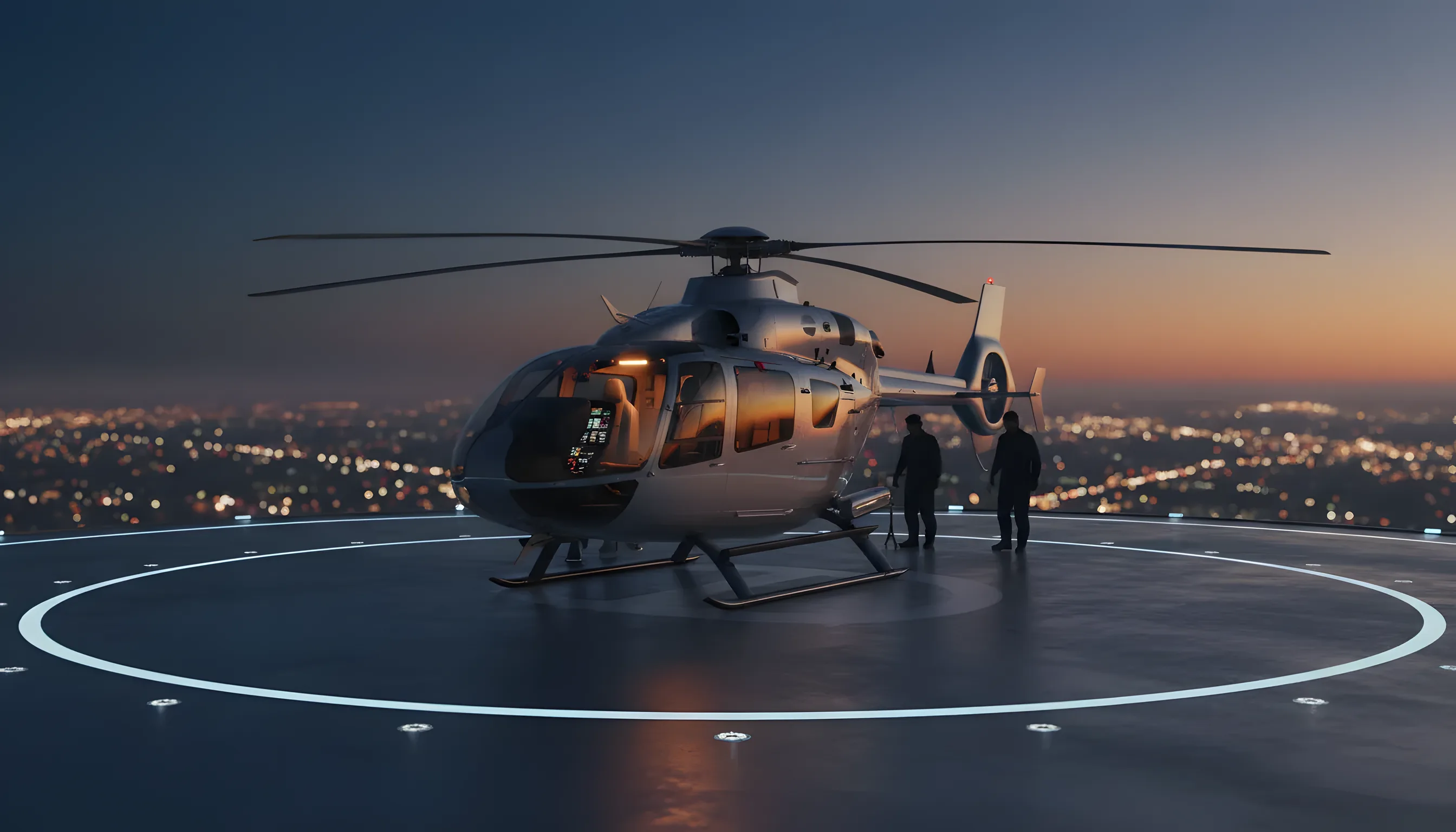 A modern helicopter parked on a helipad at dusk with a glowing city skyline in the background.
