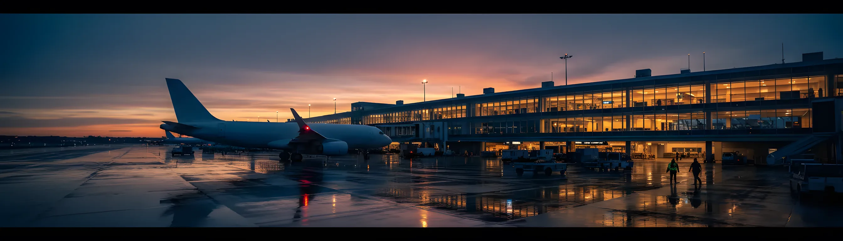 A modern airport terminal at dusk with a passenger jet parked at the gate.