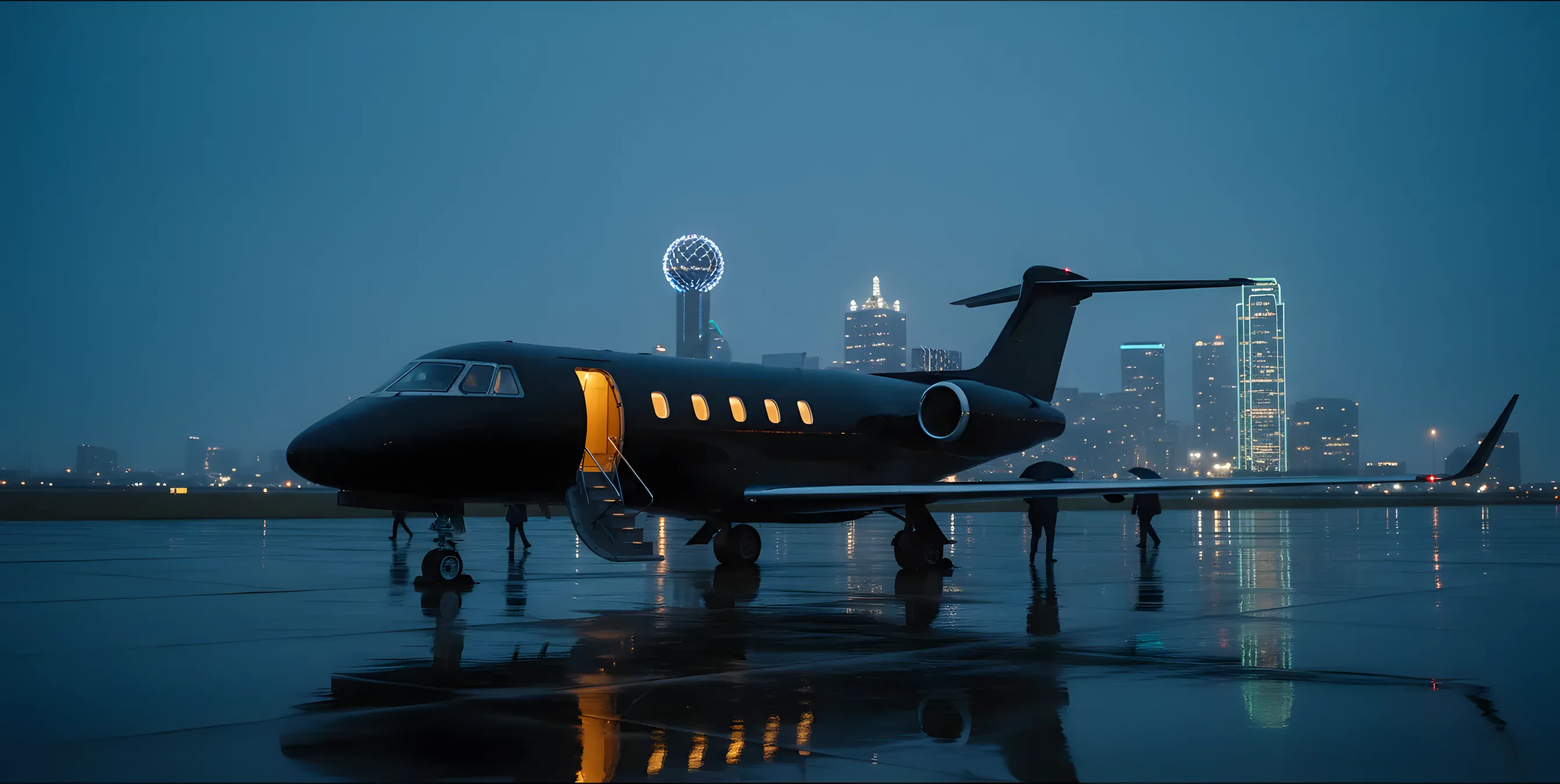 A private jet on an airport tarmac at dusk with the Dallas skyline in the background.