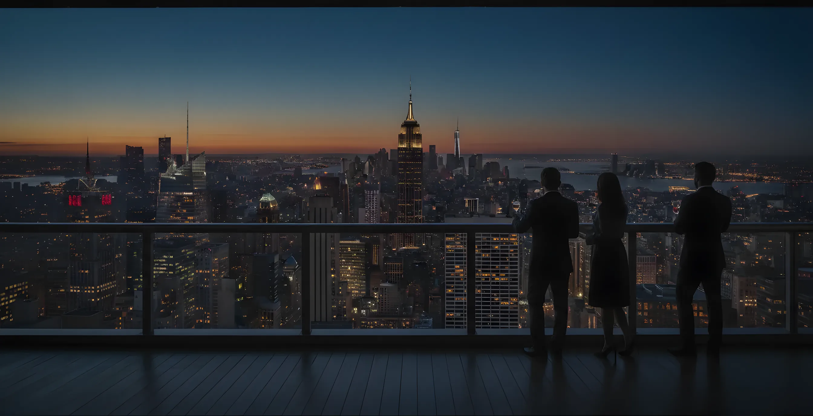 A view of the Manhattan skyline at dusk from a high-rise balcony, with city lights beginning to sparkle.
