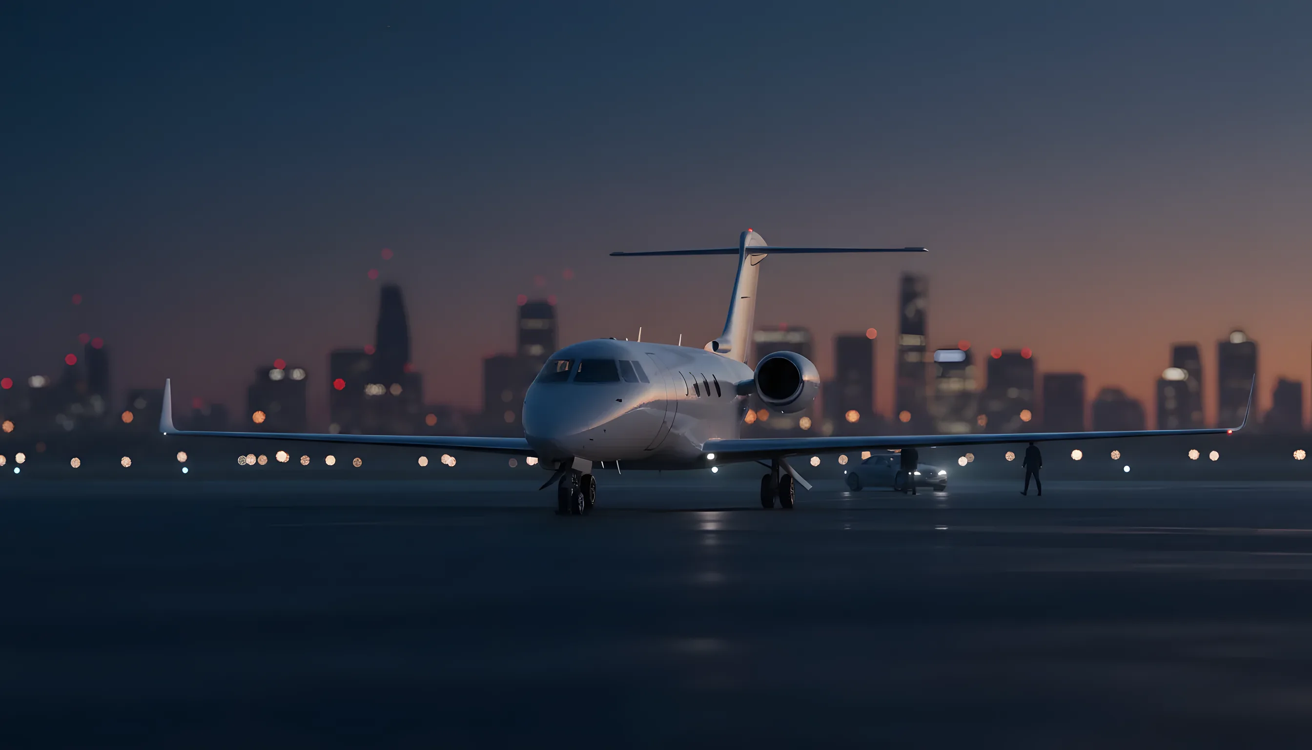 A private jet on an airport tarmac at dusk, with a city skyline in the background.