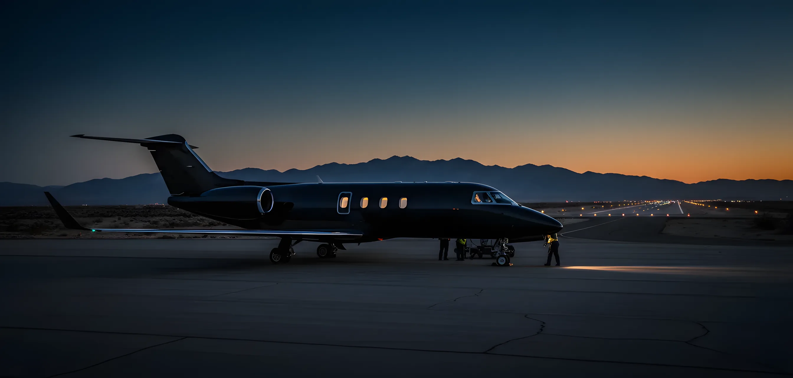 A private jet on an airport runway at dusk, with desert mountains in the background.