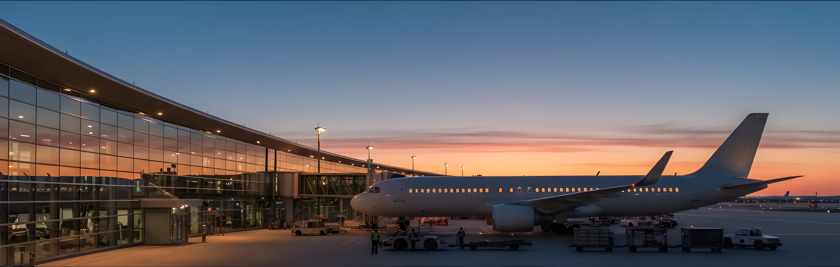 A passenger jet parked at a modern airport terminal gate at dusk.