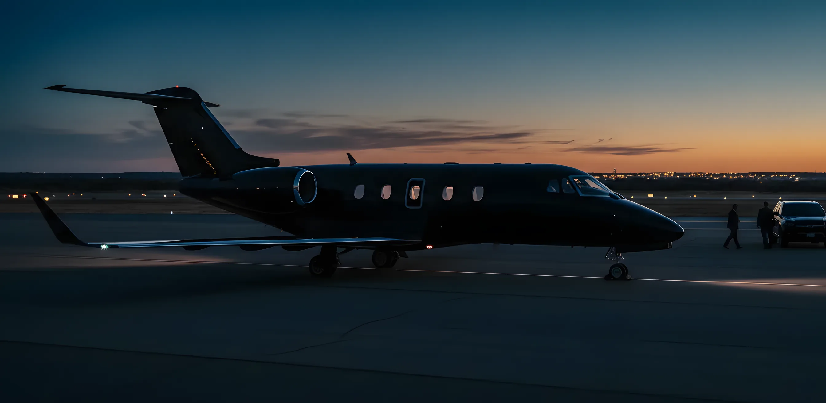 A private jet on an airport tarmac at dusk, with the lights of a small city visible in the distance.