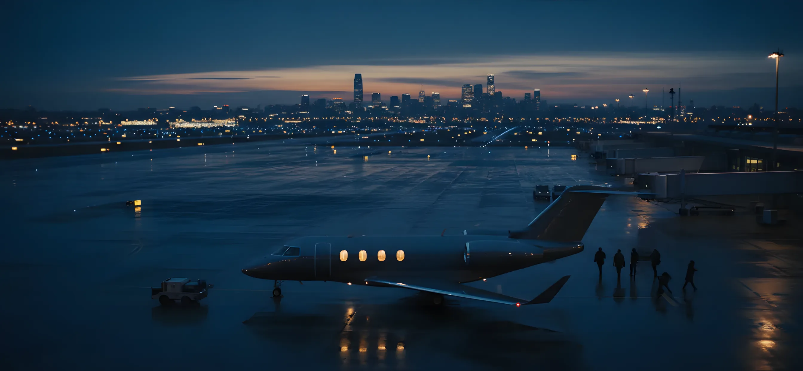 A private jet on an airport tarmac at dusk, with a glowing city skyline in the distance.