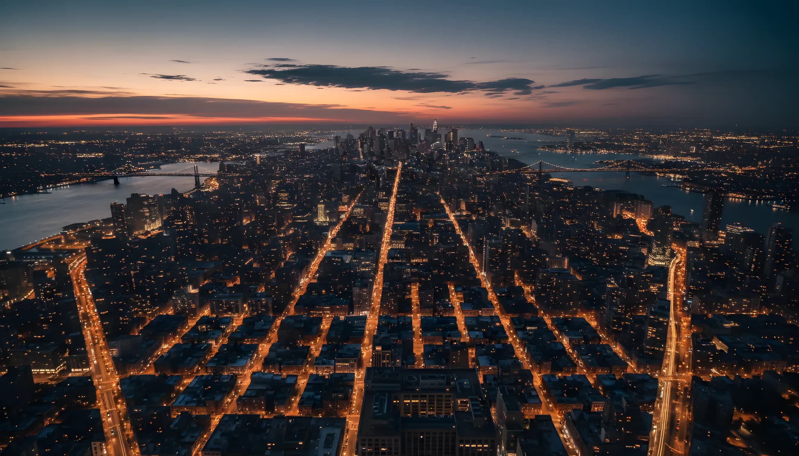 Aerial view of the Manhattan skyline at dusk, with city lights glowing under a dark blue sky.