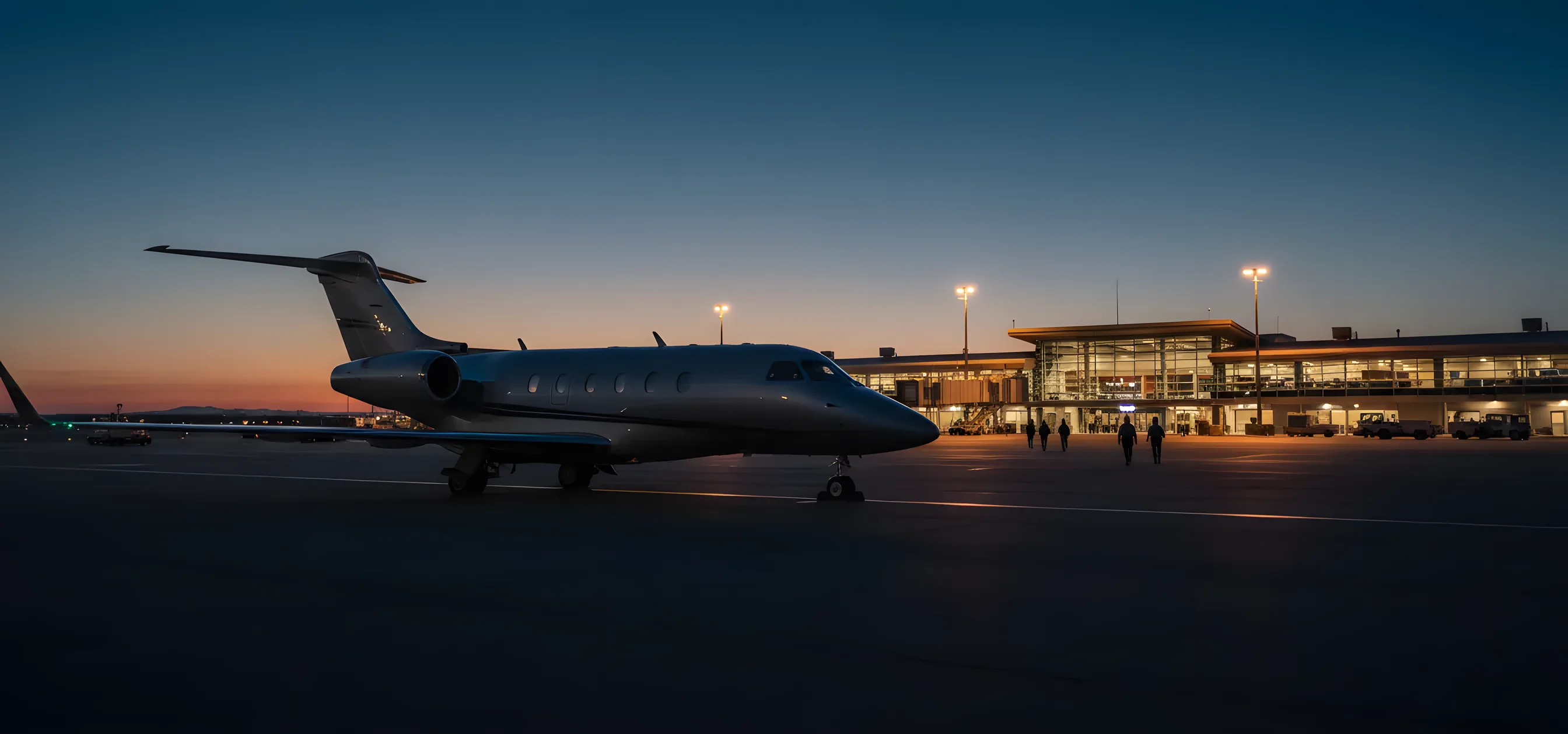 A private jet on an airport tarmac at dusk, with a warmly lit terminal in the background.