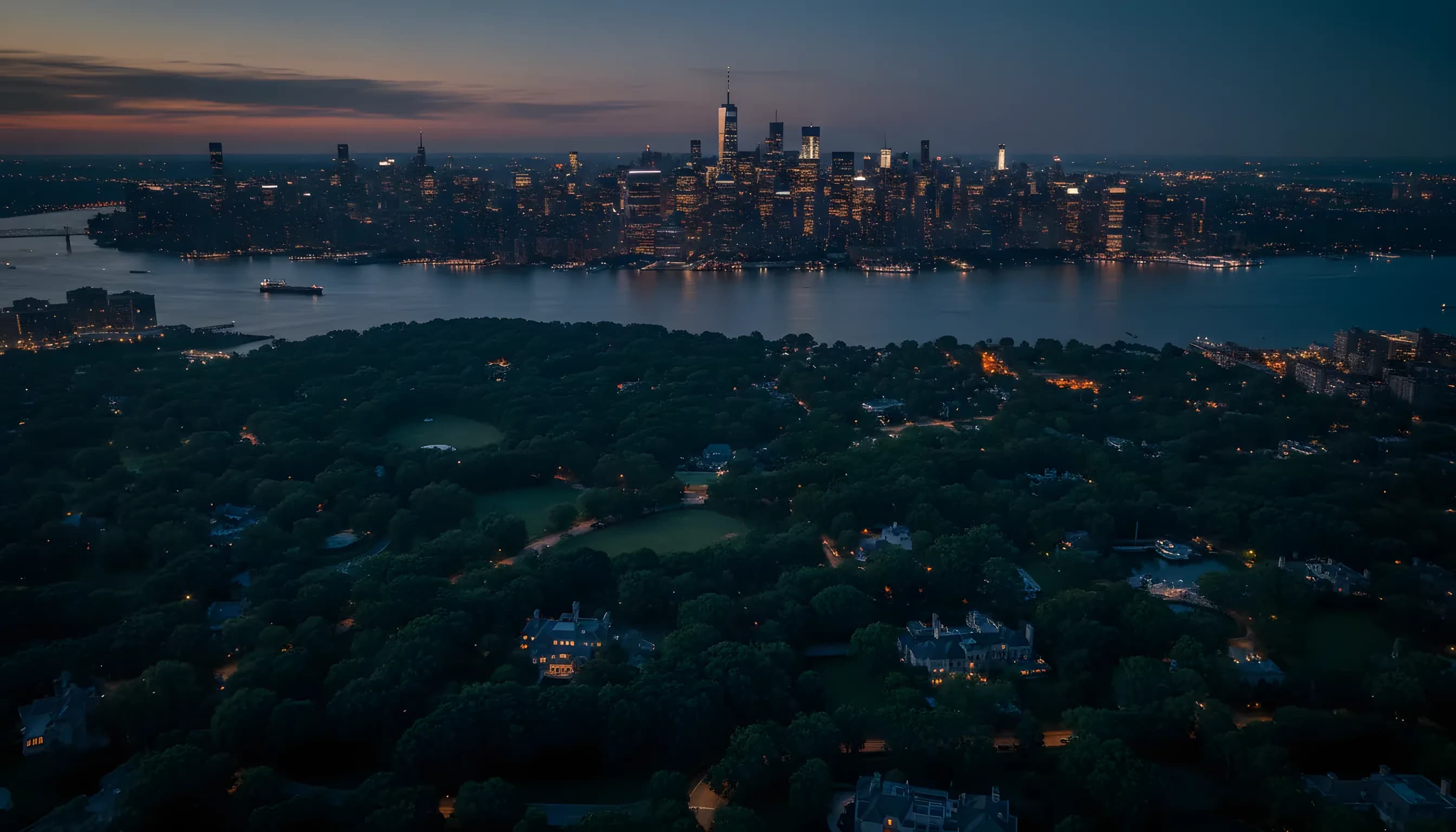 Aerial view looking south over the Hudson River from Westchester County towards the distant Manhattan skyline on a clear day.