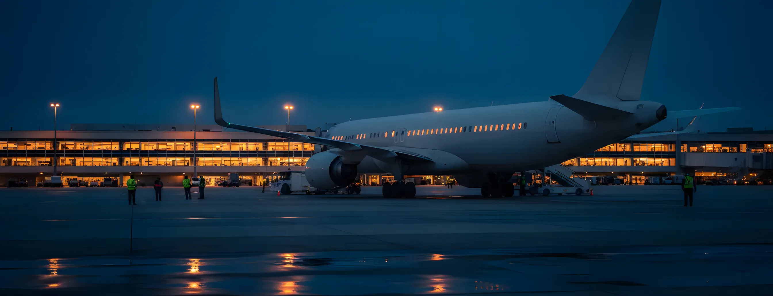 A passenger airplane on the tarmac at an airport just after sunset, with the terminal glowing in the background.