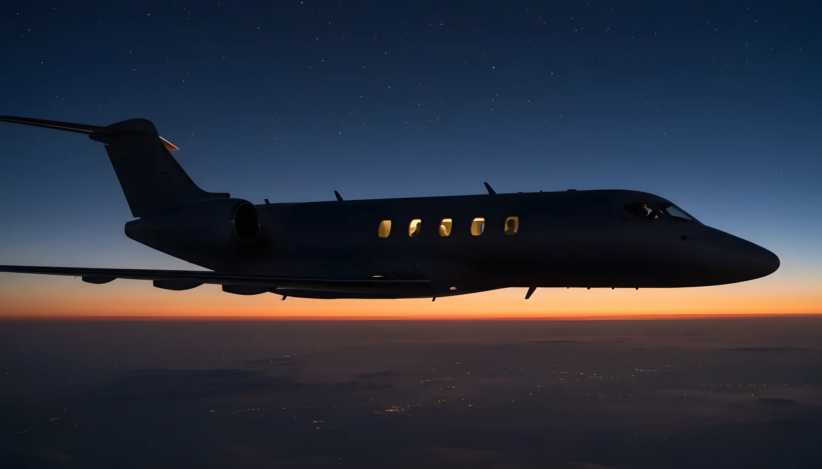 A private jet flies at high altitude above the Earth's curve during twilight.