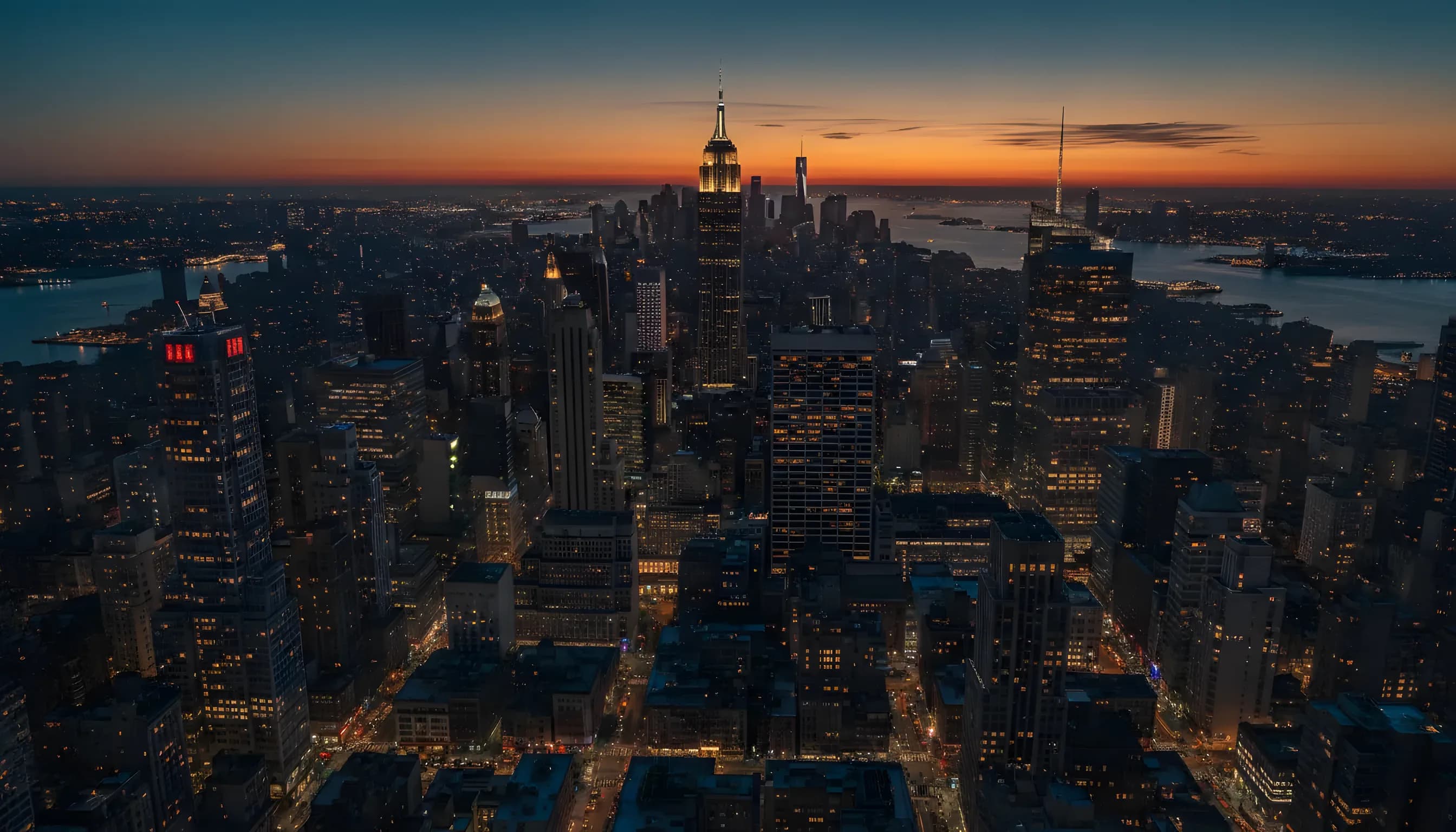 Aerial view of the Manhattan skyline at dusk, with city lights beginning to glow against a deep blue sky.