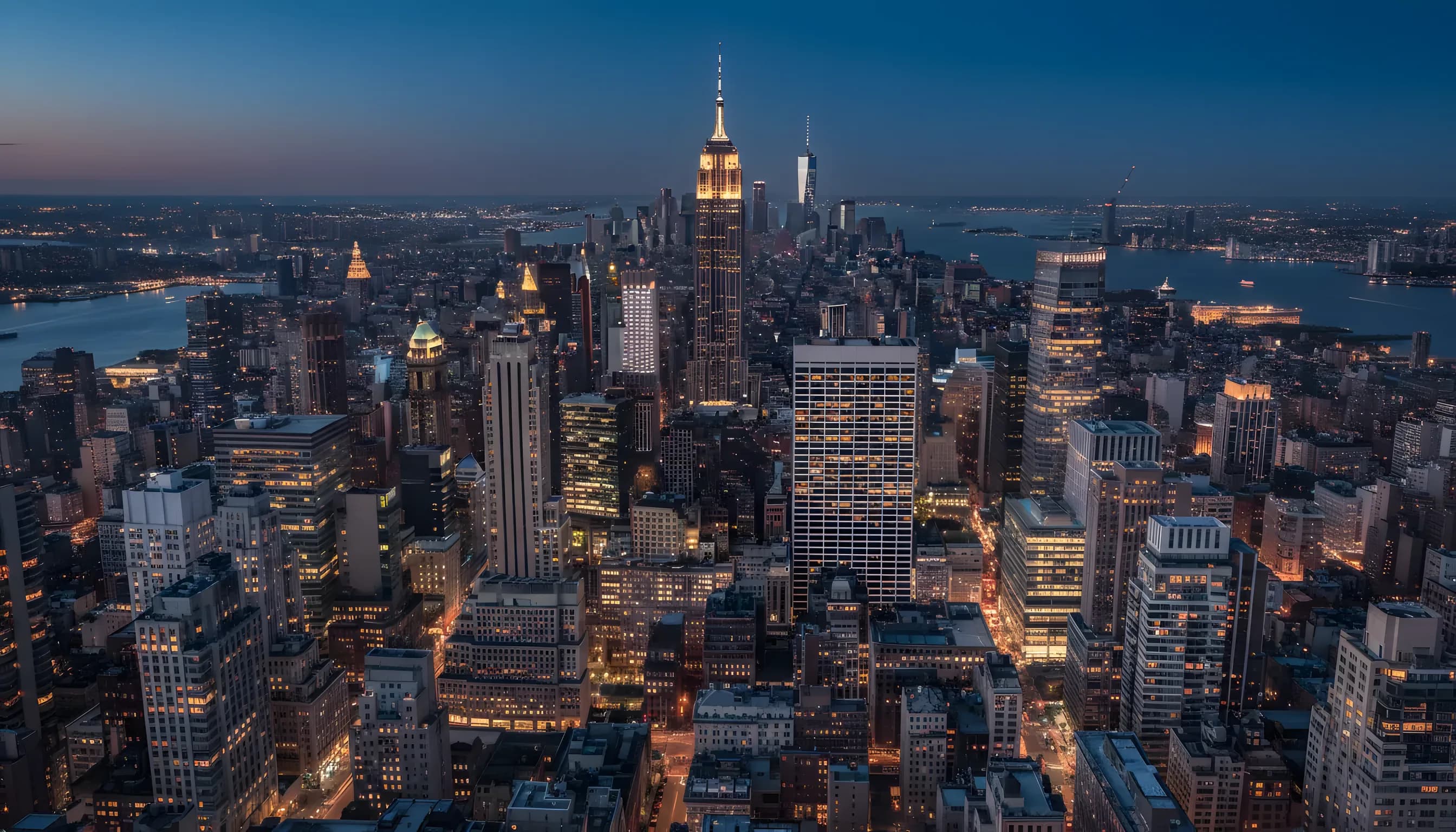 Aerial view of the Manhattan skyline at dusk, with glowing city lights stretching towards the horizon.