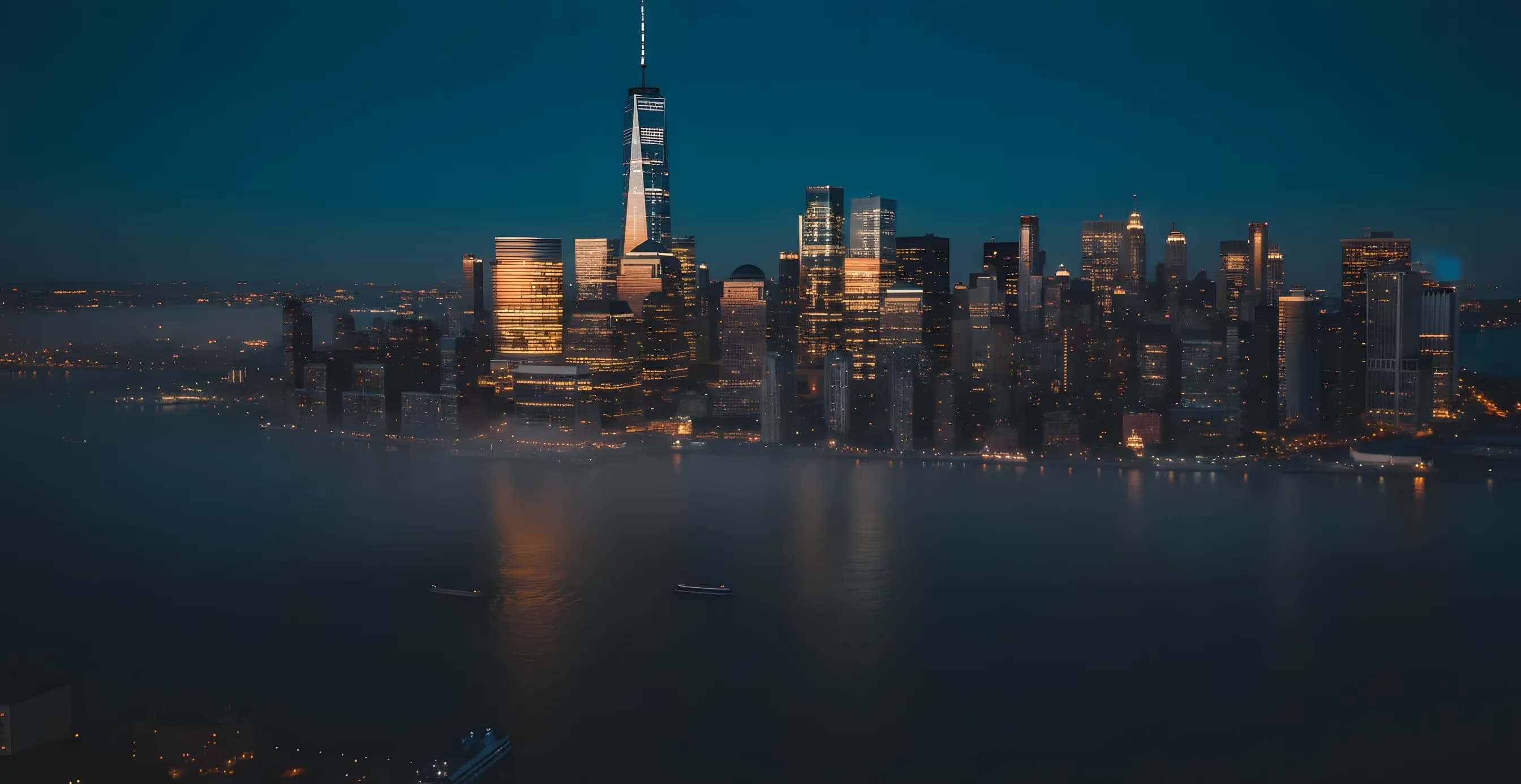 Aerial view of the Manhattan skyline at dusk, with city lights glowing against a dark blue sky.