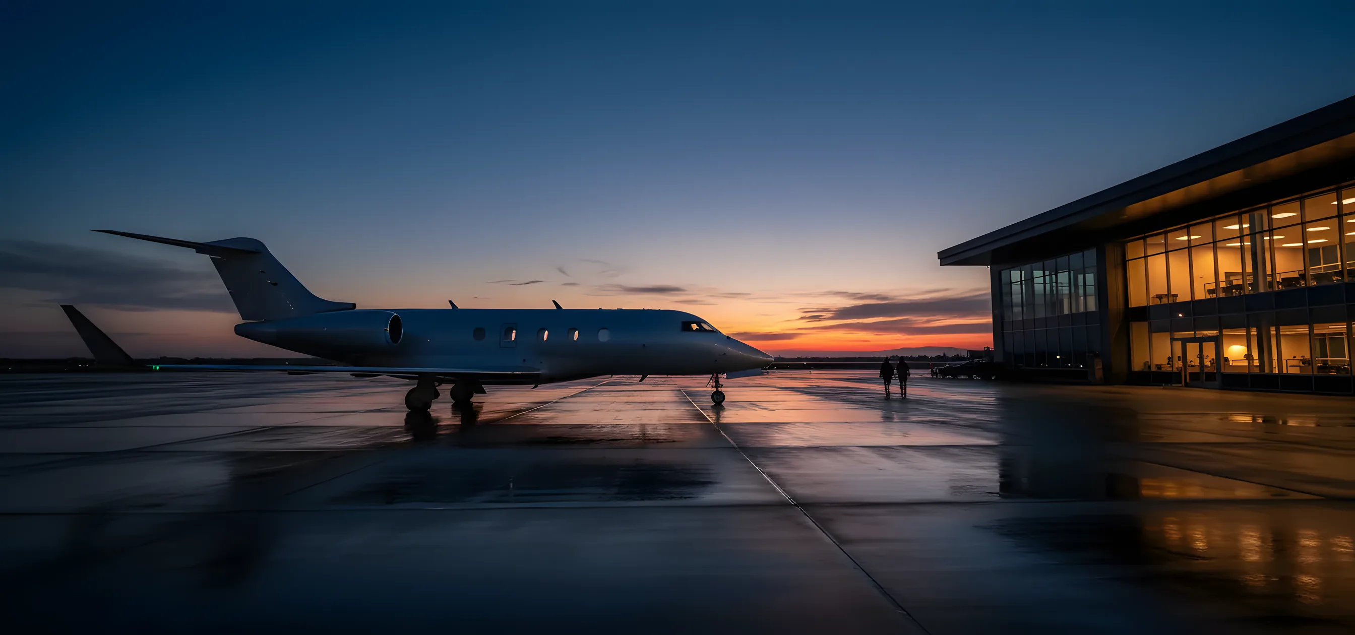 A private jet on an airport tarmac at dusk in front of a modern, glowing terminal building.
