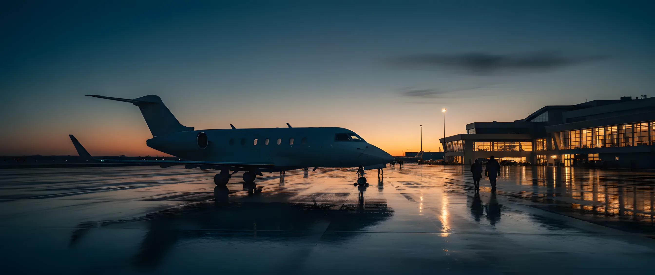 A private jet on an airport tarmac at dusk, with a luxury terminal glowing in the background.