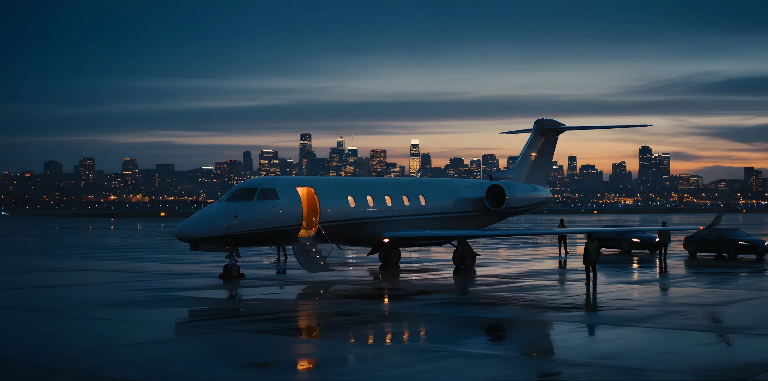 A private jet on a tarmac at dusk with a glowing city skyline in the distance.