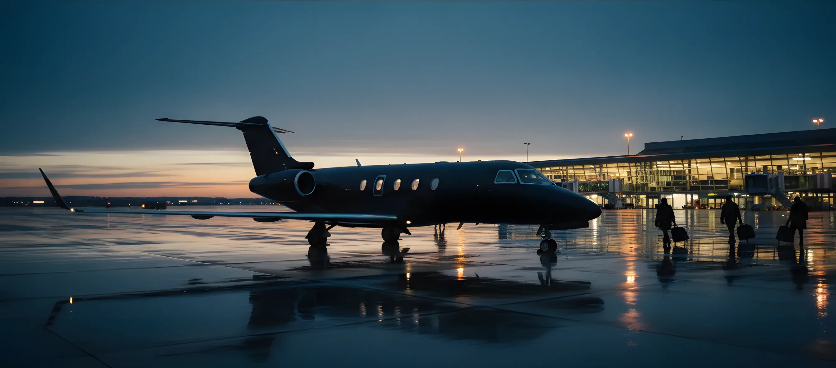 A private jet on a wet tarmac at dusk, with the warm lights of a modern airport terminal glowing in the background.