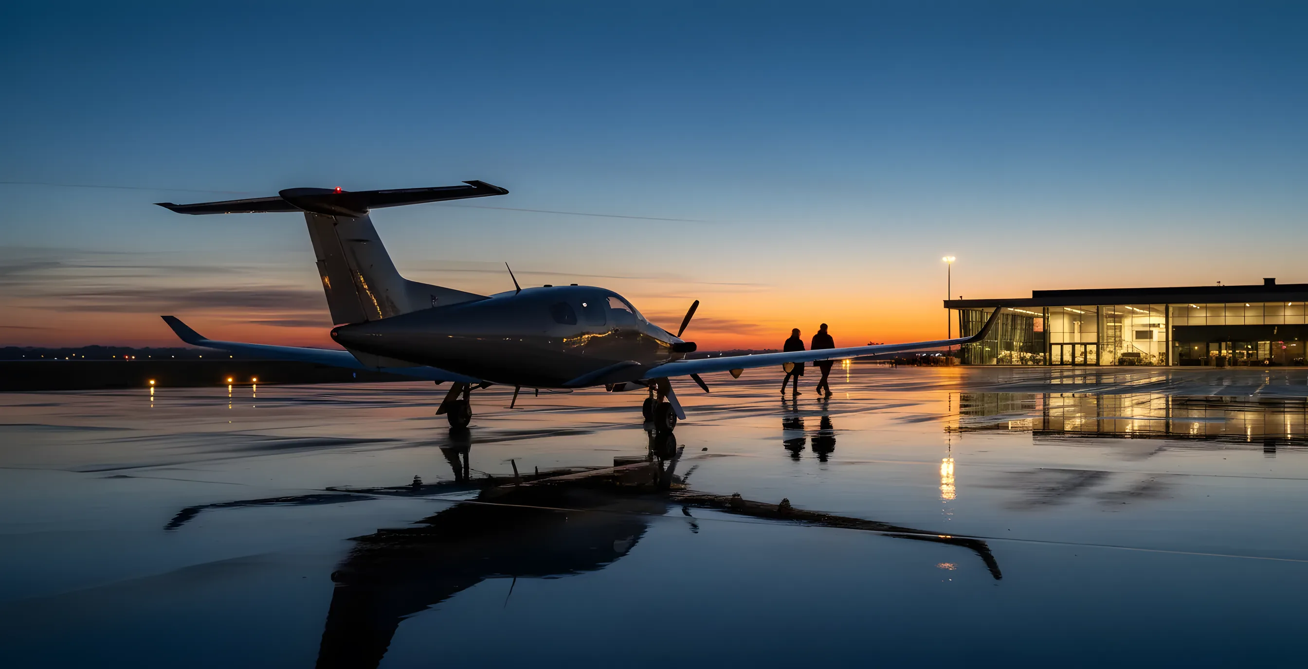A single-engine turboprop airplane on a private airport runway at twilight.