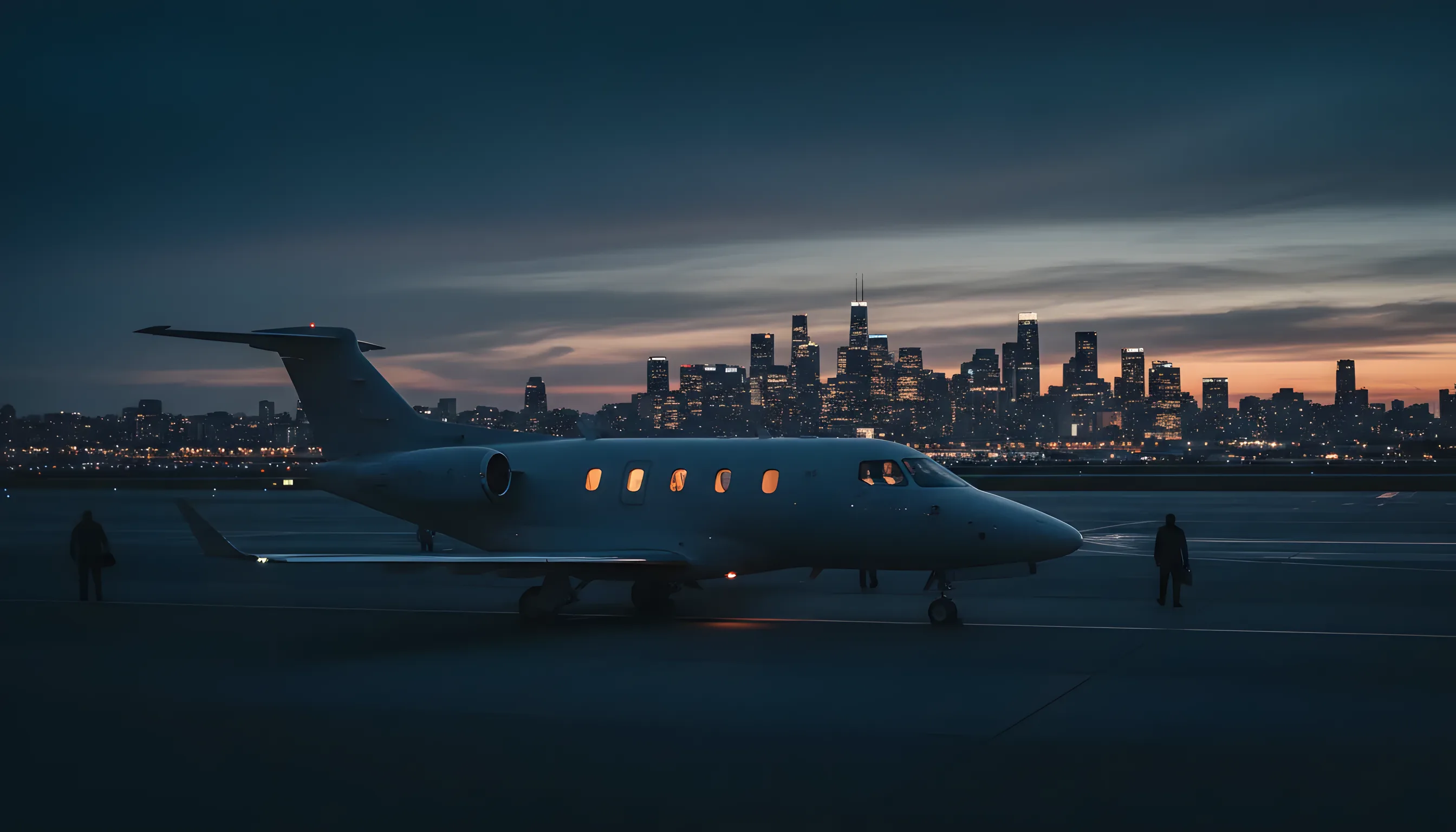 A private jet on an airfield at dusk, with a city skyline glowing in the background.