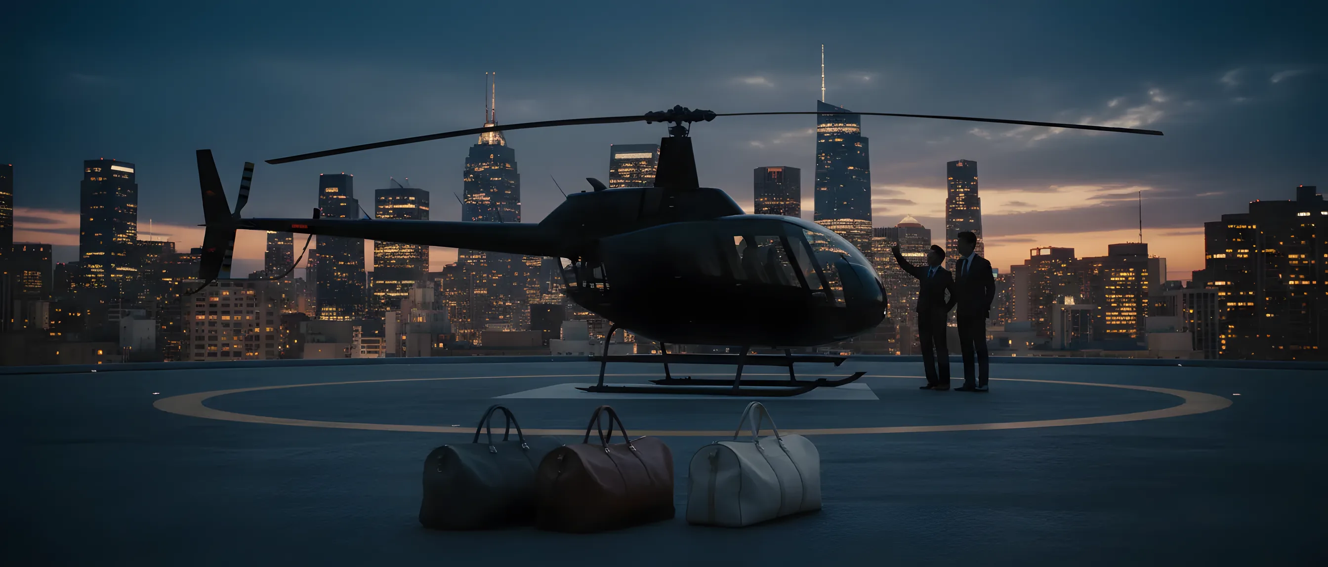 Soft-sided luggage sits on a rooftop helipad at dusk, waiting to be loaded onto a helicopter against a sparkling city skyline.