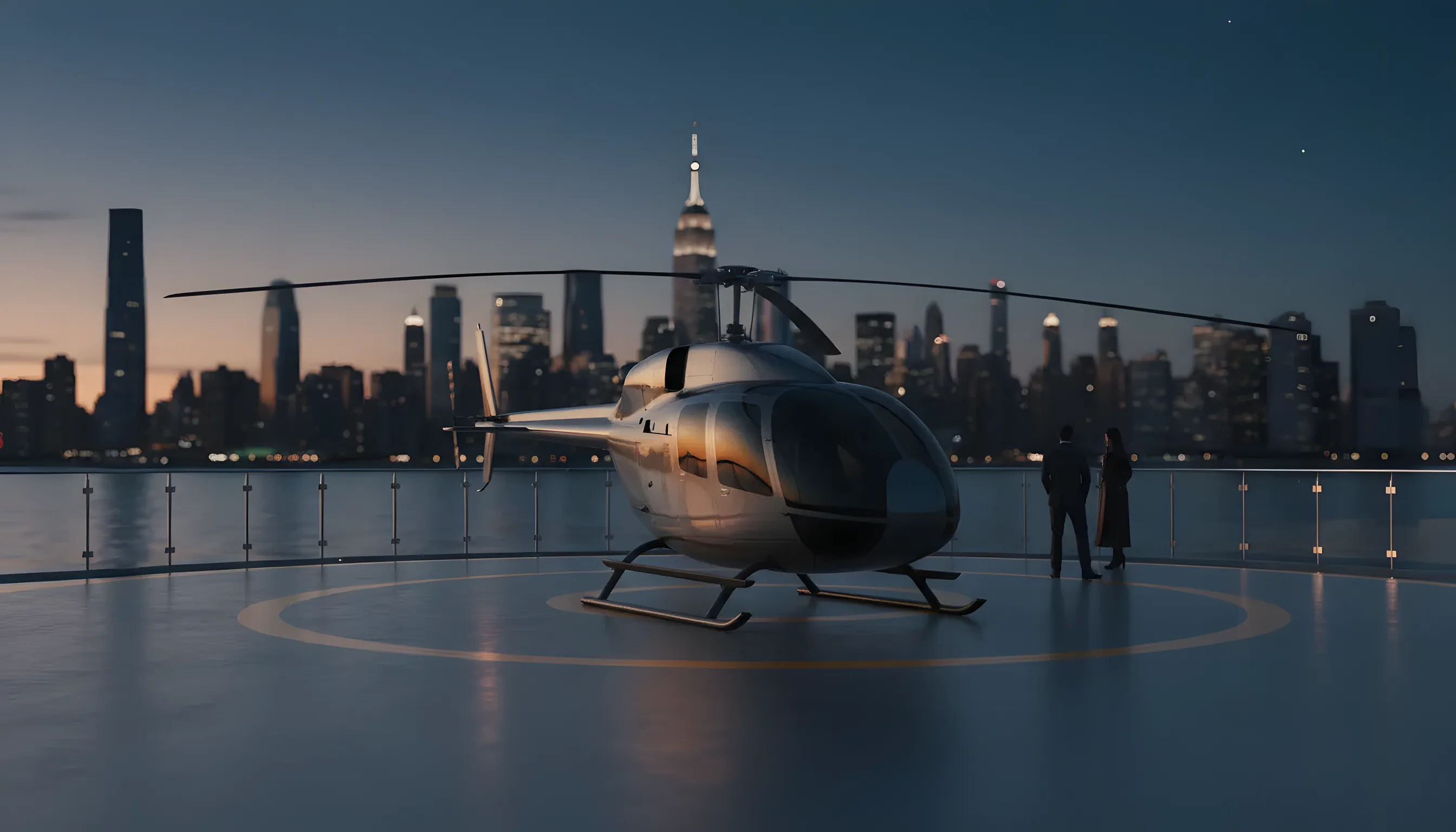 A luxury helicopter parked on a waterfront helipad with the NYC skyline in the background at sunset.