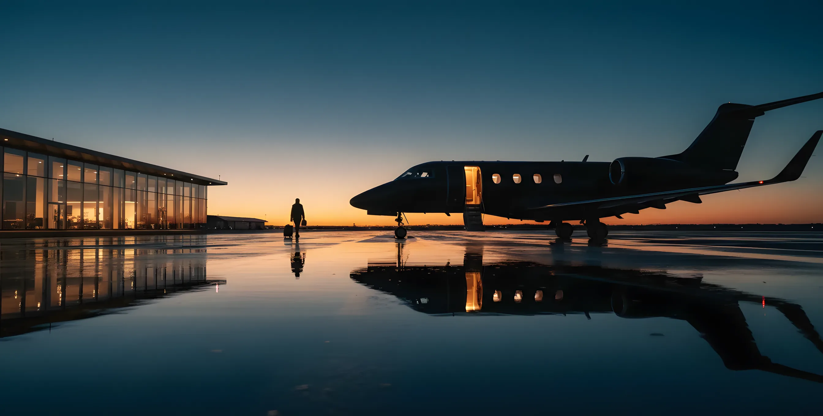A private jet on an airfield at dusk, with warm lights glowing from its windows and a nearby terminal.