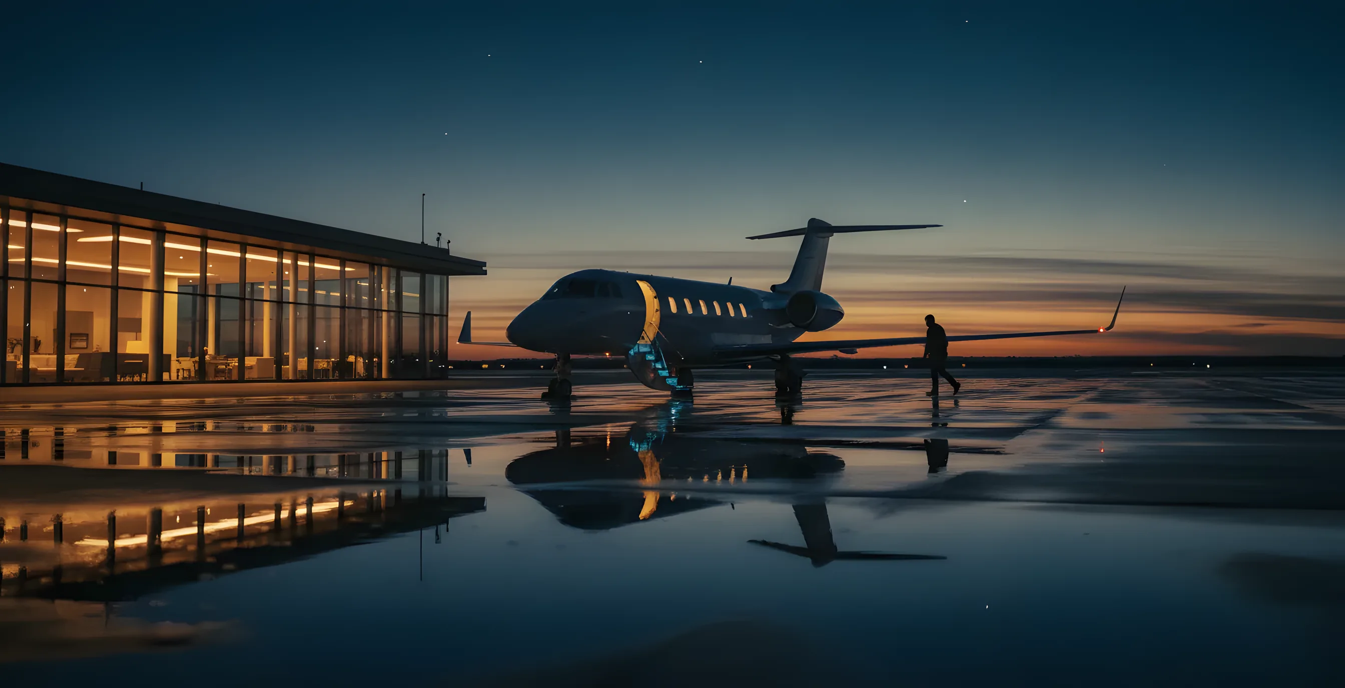 A private jet on an airfield at dusk, with warm lights from a terminal reflecting on the wet ground.