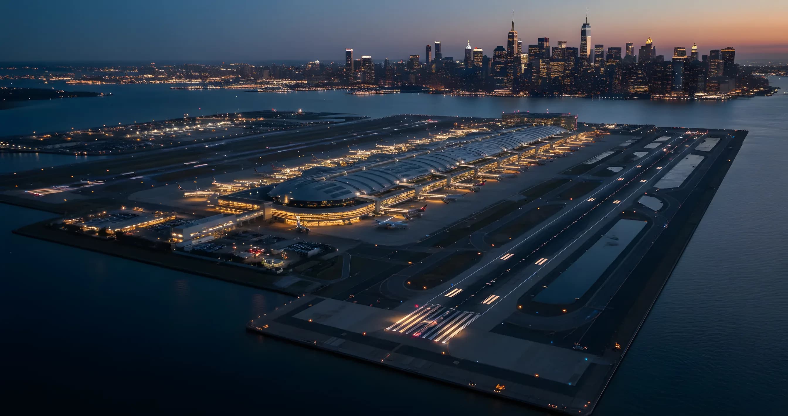 Aerial view of LaGuardia Airport and the Manhattan skyline at dusk.