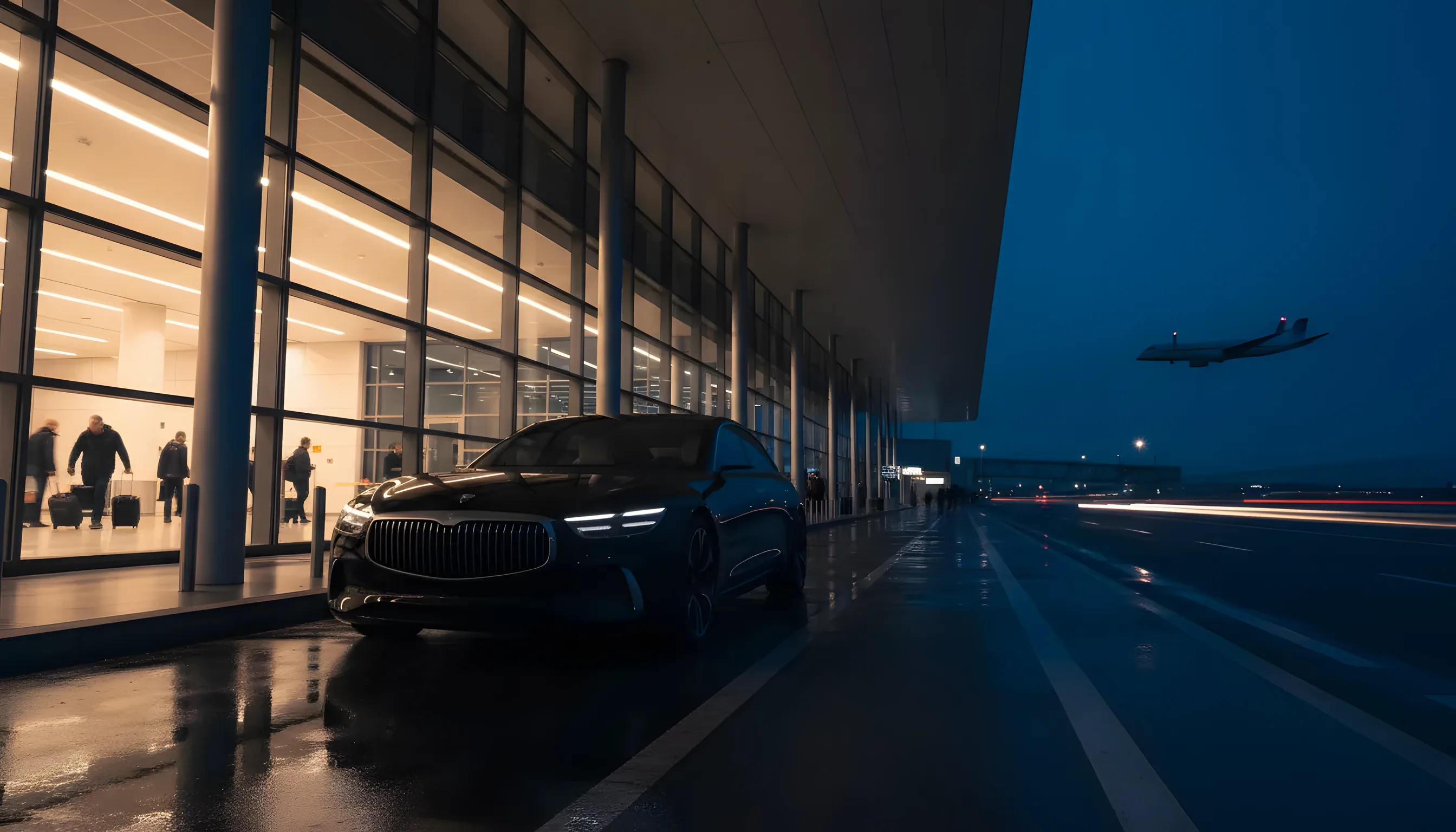 A dark sedan waits at the curb of a modern airport terminal at dusk.