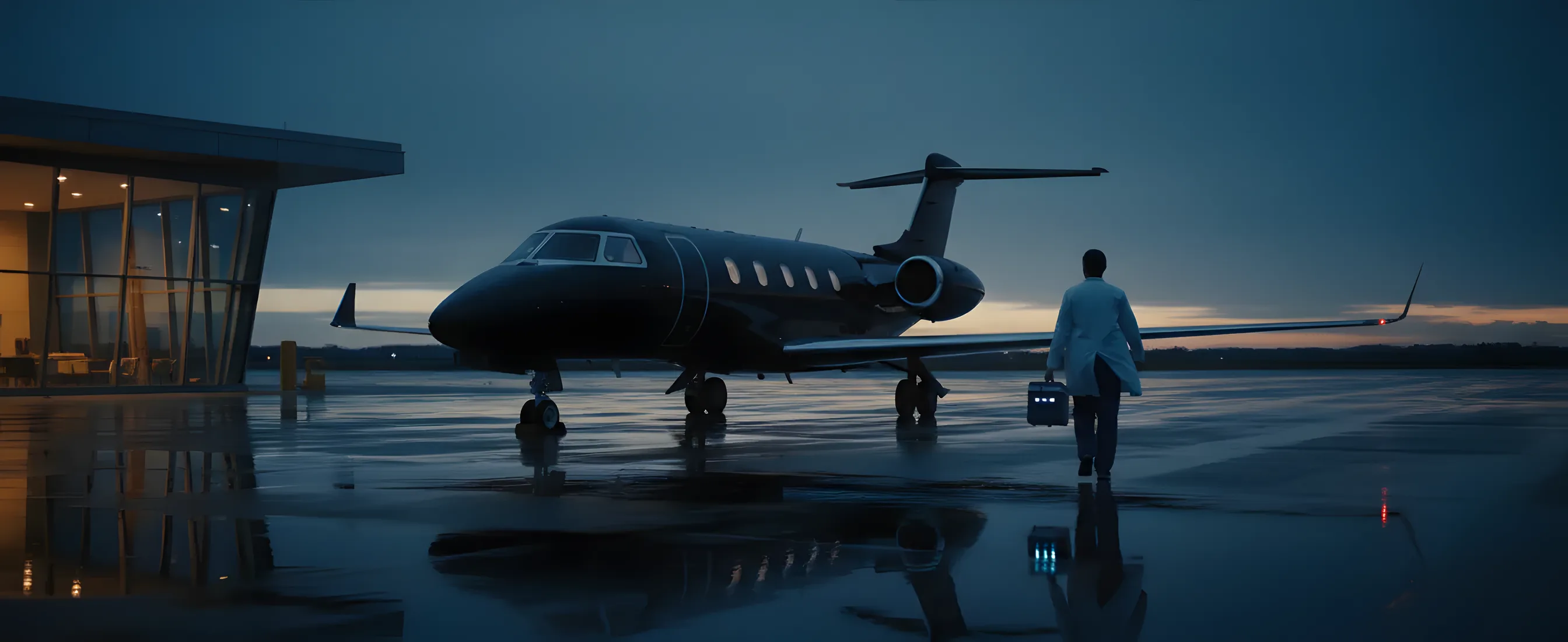A medical professional carries a transport cooler toward a private jet on a wet tarmac at dusk.