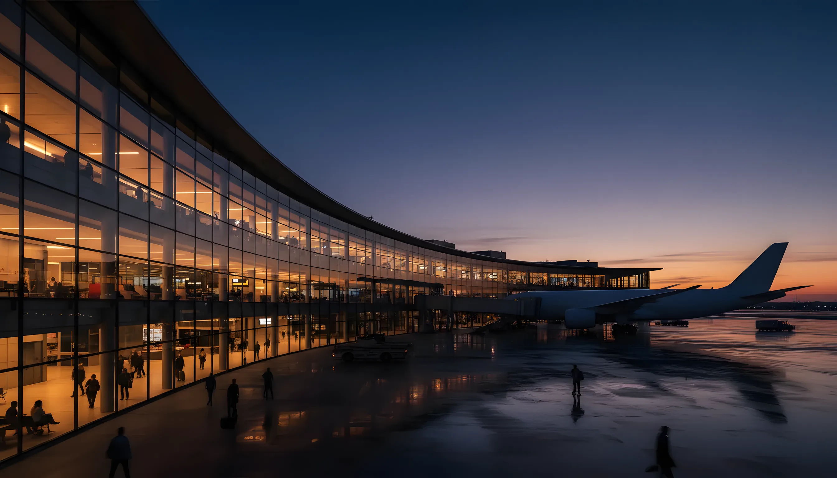 A passenger jet parked at a modern airport terminal gate at dusk.