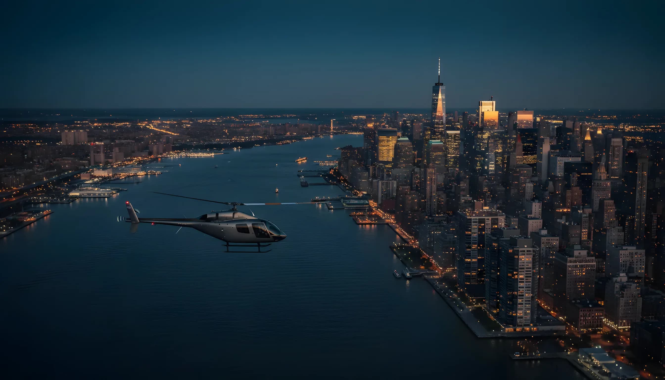 An unmarked helicopter flies over the Hudson River at dusk, with the glowing Manhattan skyline in the background.